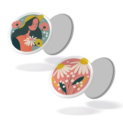 In the garden - Woman blue background + Daisies pink background - Set of 2 magnets #109