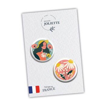 Au jardin - Femme fond bleu + Pâquerettes fond rose - Lot de 2 magnets #109 2