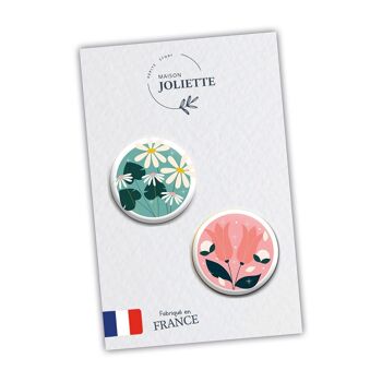 Au jardin - Pâquerettes fond bleu + Tulipes - Lot de 2 badges #110 2