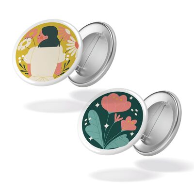 Au jardin - Femme fond jaune + Pivoines fond vert - Lot de 2 badges #111