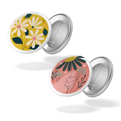 Au jardin - Pâquerettes fond jaune + main fleur - Lot de 2 badges #113