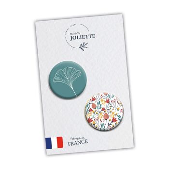 Motif fleuri + fleur fond turquoise - Lot de 2 badges #120 2