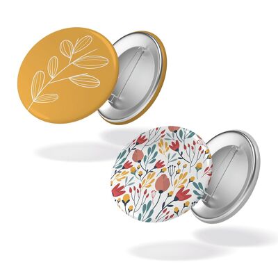 Motif fleuri + fleur fond jaune - Lot de 2 badges #122