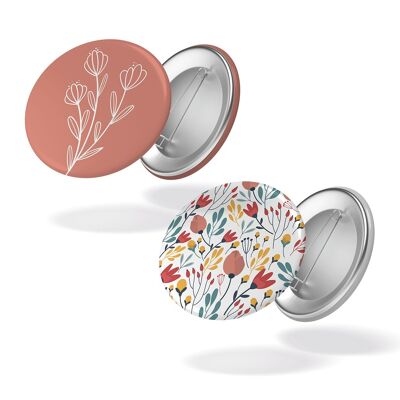 Motif fleuri + fleur fond rose - Lot de 2 badges #124