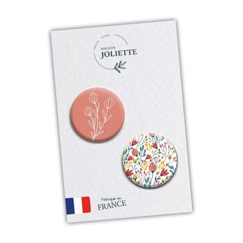 Motif fleuri + fleur fond rose - Lot de 2 badges #124 2