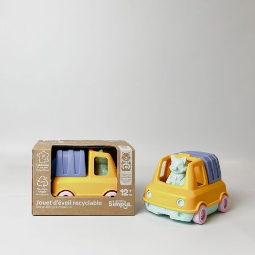 Jouet véhicule, Camion Poubelle avec figurine, Made in France en plastique recyclé, Cadeau 1-5 ans, Pâques, Jaune