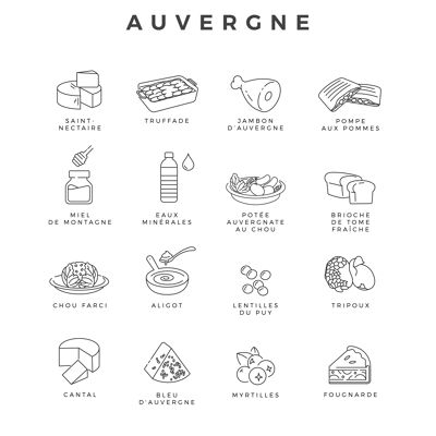 Produkte und Spezialitäten der Auvergne - 40x50 cm