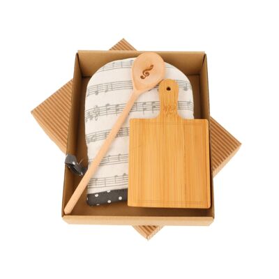 Gift set with "Schnappi" oven glove, mini wooden spoon and mini square board in a gift box with viewing window