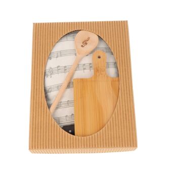 Coffret cadeau comprenant un gant de cuisine "Schnappi", une mini cuillère en bois et une mini planche carrée dans un coffret cadeau avec fenêtre de visualisation 2