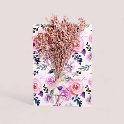 Carte de voeux avec fleurs séchées - Fleur de genêt rose