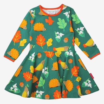 Organic cotton dress with skater cut and autumn motif