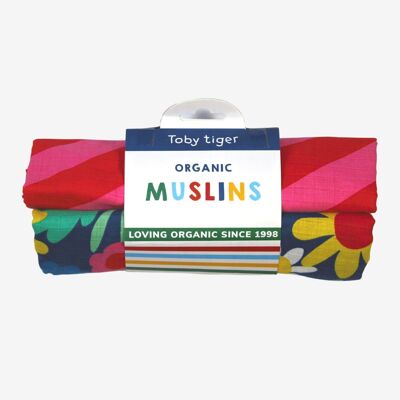 Organic cotton muslin cloths pack of 2 with an eye-catching floral pattern