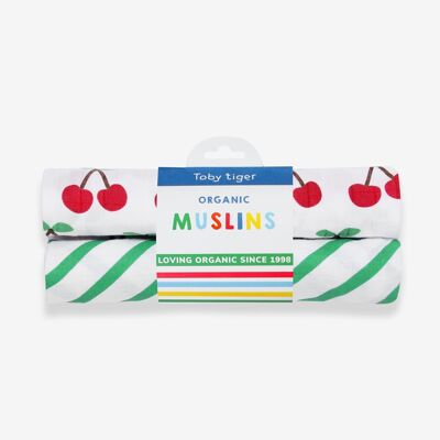 Muslin diapers made of organic cotton in a double pack with a cherry print