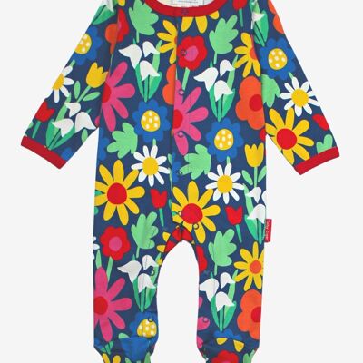 Organic cotton one-piece pajamas with a striking floral pattern