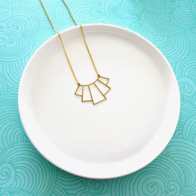 Gold Art Deco graphic fan necklace,