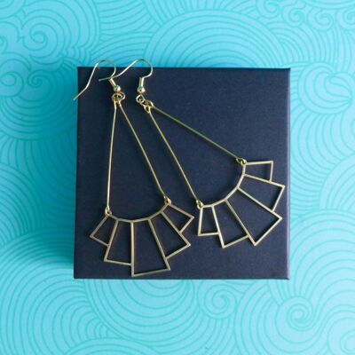 Long golden Art Deco graphic fan earrings