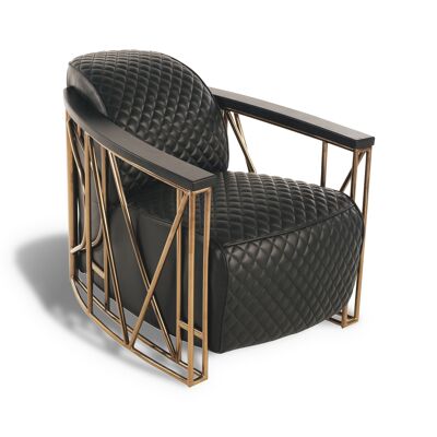 ENNIO QUILTED BLACK LEATHER ARMCHAIR COPPER-COATED STAINLESS STEEL FRAME