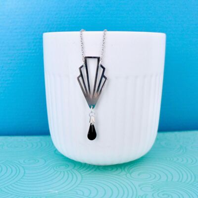 Fine Art Deco graphic fan pendant necklace in silver stainless steel and black enamel