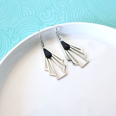 Pendientes de plata Art Déco abanico gráfico de acero inoxidable y lentejuelas de esmalte negro