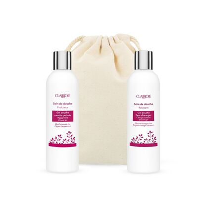 Bath duo pouch, duo of mint and orange blossom shower gels | Gift idea