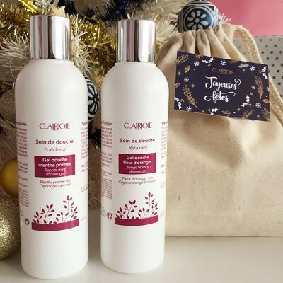 Duo sacchetto da bagno, duo di gel doccia alla menta e fiori d'arancio | Idea regalo di Natale