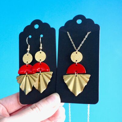 Art Deco pleated fan necklace and earrings set in glittery gold and red enamel