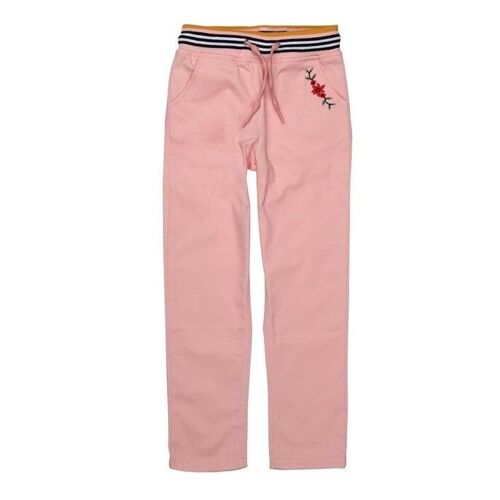 PANTALON FILLE ROSE COTON EMBROIDERIE FLEURS