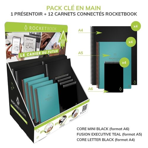 Présentoir + 12 carnets de note réutilisables Rocketbook clés en main