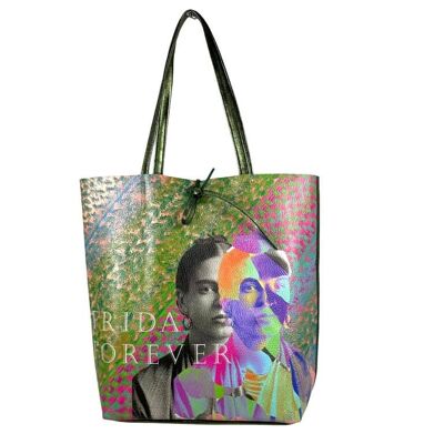 Borsa shopper in pelle con design Frida Kahlo e borsa extra