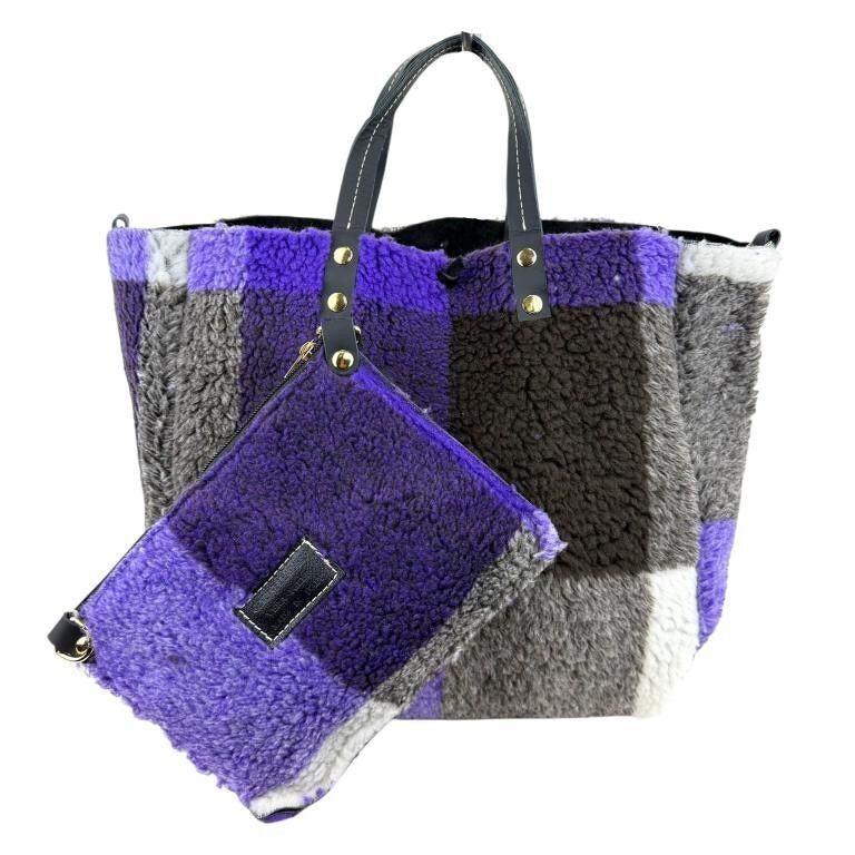 Borsa da donna reversibile in pelle scamosciata e velluto con tasca extra