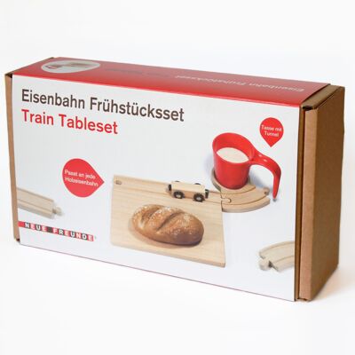 Assortiment de set de petit-déjeuner ferroviaire - 34 pièces, coquetier en bois, coquetier, planche à découper, dessous de verre, salière, train Noppi, jouet en bois compatible BRIO, Noël