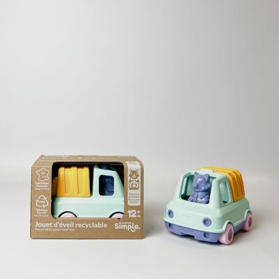 Vehículo de juguete, Camión de basura con figura, Hecho en Francia en plástico reciclado, Regalo 1-5 años, Pascua, Turquesa