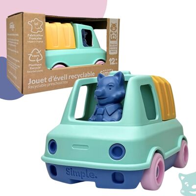Das einfache Spielzeug, Müllwagen und Figur, hergestellt in Frankreich, 100 % recycelter und recycelbarer Kunststoff, spülmaschinenfest, Geschenk für Mädchen und Jungen ab 1 Jahr, Lernspielzeug für den Strand – Türkis