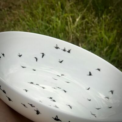 Serving Dish, porcelain, white with little black birds - "fugl" Serving Dish