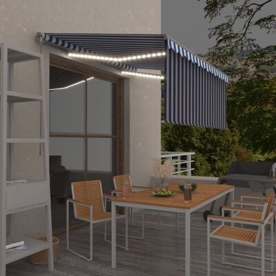 Manual Retractable Awning with Blind&LED 9.8'x8.2' Blue&White