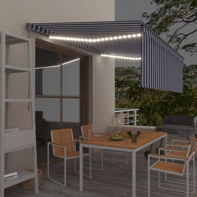 Manual Retractable Awning with Blind&LED 13.1'x9.8' Blue&White