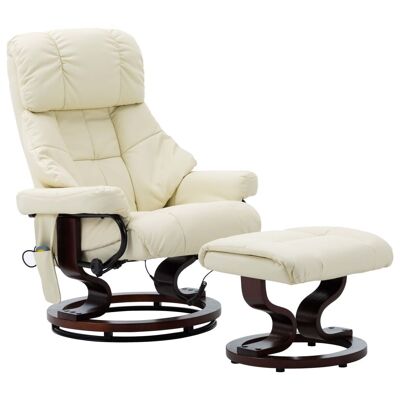 Massage Recliner with Ottoman Cream Faux Leather and Bentwood
