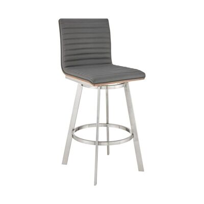 Nikole 30" Bar Height Walnut Swivel Bar Stool in Brushed Stainless Steel Finish and Gray Faux Leather