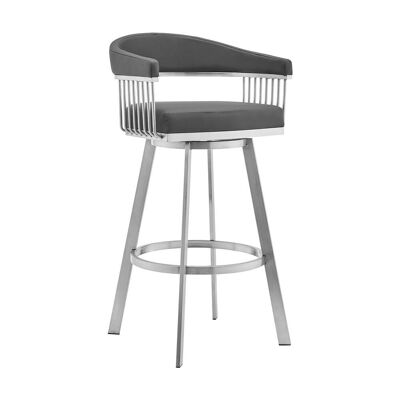 Chelsea 30" Gray Faux Leather and Brushed Stainless Steel Swivel Bar Stool