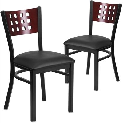 2 Pk. HERCULES Series Black Decorative Cutout Back Metal Restaurant Chair - Mahogany Wood Back, Black Vinyl Seat