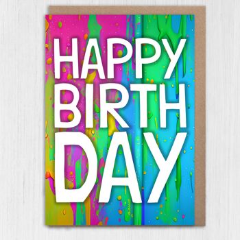 Carte d'anniversaire colorée avec des éclaboussures de peinture arc-en-ciel : Joyeux anniversaire 1