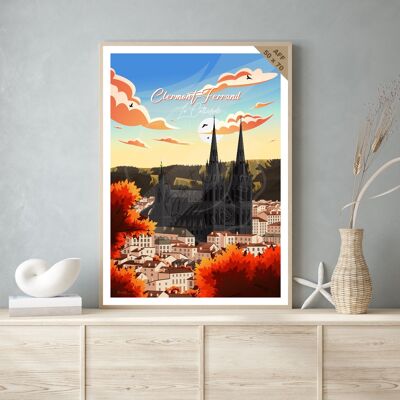 Affiche de voyage vintage et tableau bois pour décoration d’intérieur / Clermont-Ferrand - La Cathédrale