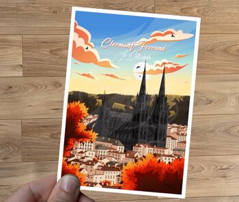 Carte postale de voyage vintage, illustration de Clermont-Ferrand, pour décoration d'intérieur / Clermont-Ferrand - La Cathédrale 2