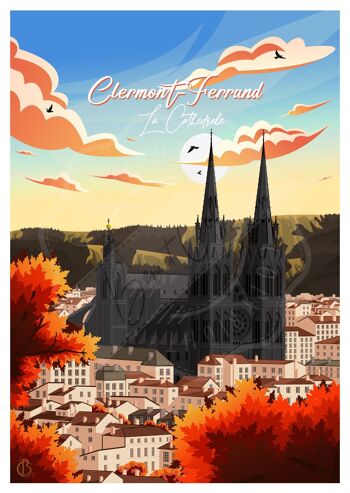 Carte postale de voyage vintage, illustration de Clermont-Ferrand, pour décoration d'intérieur / Clermont-Ferrand - La Cathédrale 5