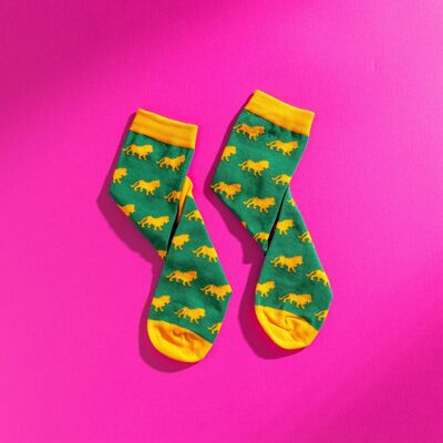 Chaussettes pour hommes en coton égyptien à motifs de lion vert et jaune