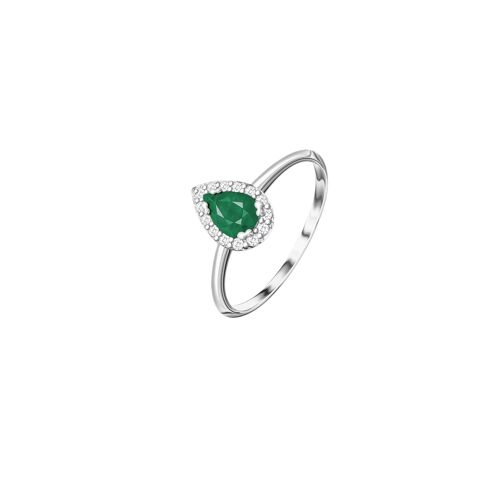 Bague Emeraude Poire Entourage Diamant 0,10 ct - Or Blanc 18 kt