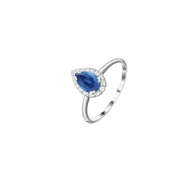 Pear Ceylon Sapphire Ring surrounded by laboratory diamond (synthetic) - 0.12 ct - 18 kt White Gold