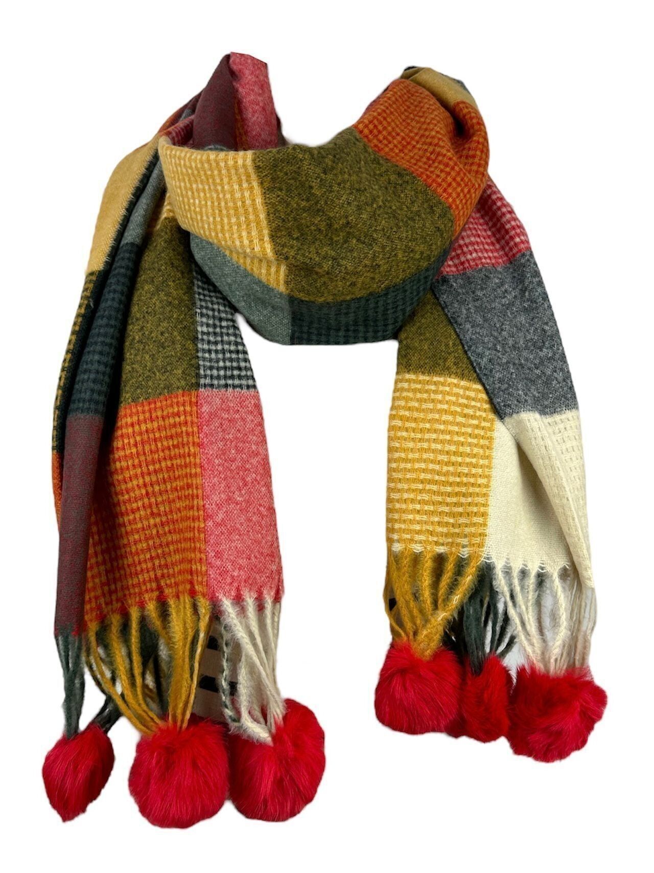 Sciarpa da donna con design quadrato e pompon colorati