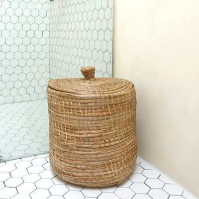 Basket laundry basket with lid LANTAI made of seagrass Handmade from natural materials Round decorative basket storage