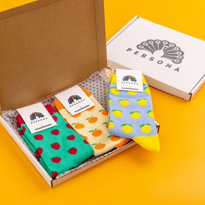 Caja de regalo con calcetines de algodón egipcio para hombre con estampado de frutas coloridas
